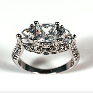 Three Stone Princess Cut Diamond Simulant Sterling Silver Ring Size 6